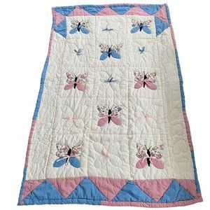 Handmade butterflies blue pink floral quilt blanket embroidered tied